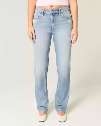 Jeans dritti lavaggio chiaro effetto consumato a vita alta