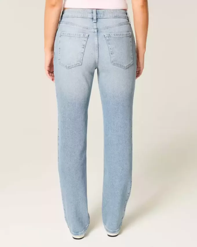 Jeans dritti lavaggio chiaro effetto consumato a vita alta