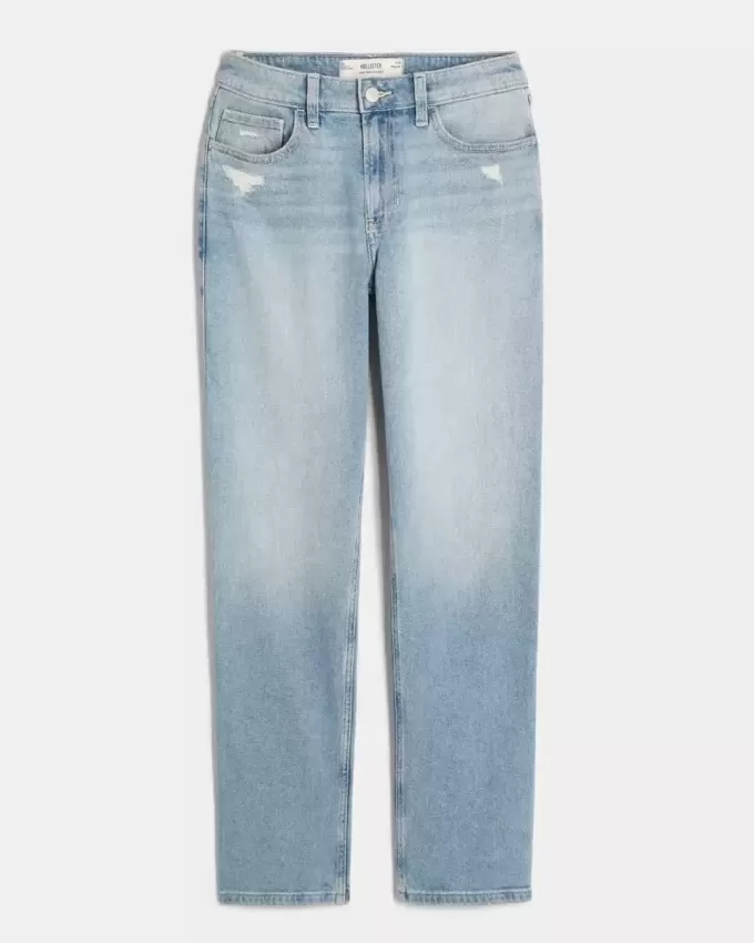 Jeans dritti lavaggio chiaro effetto consumato a vita alta