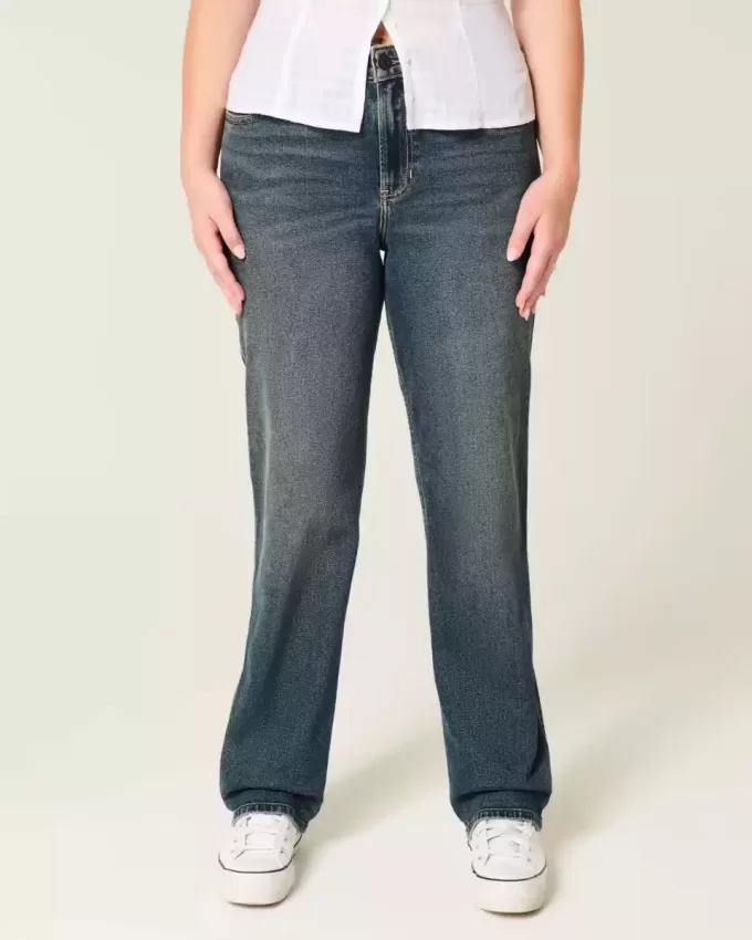 Jeans dritti lavaggio scuro a vita alta