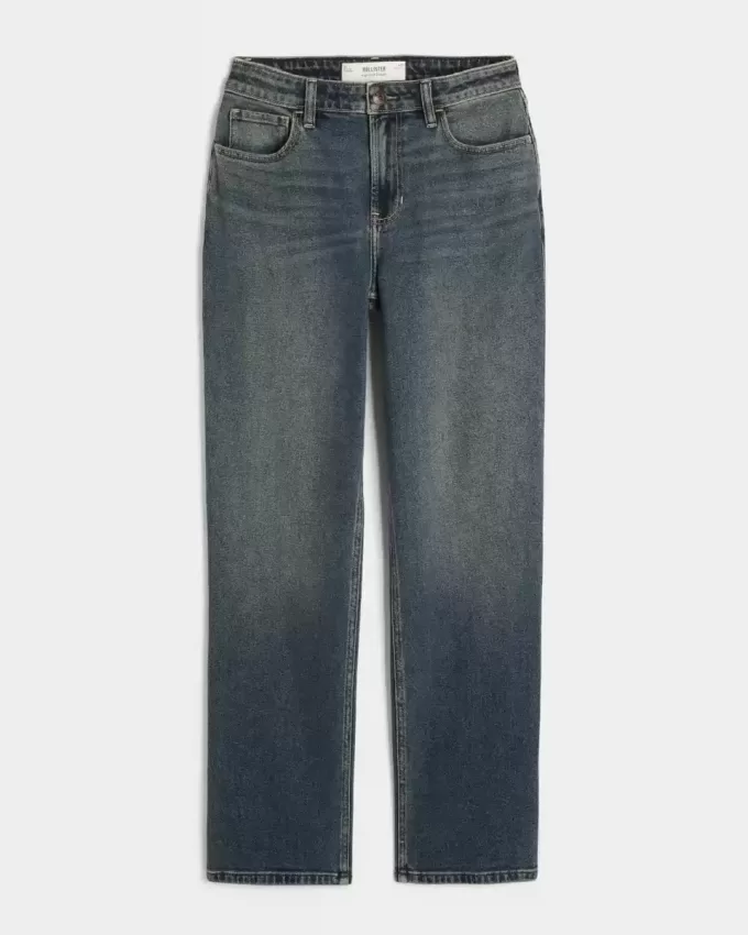 Jeans dritti lavaggio scuro a vita alta