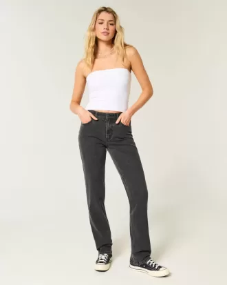 Jeans dritti neri lavati a vita alta