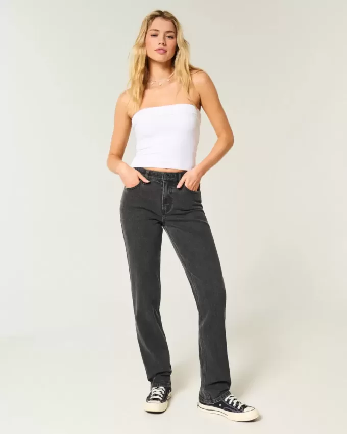 Jeans dritti neri lavati a vita alta