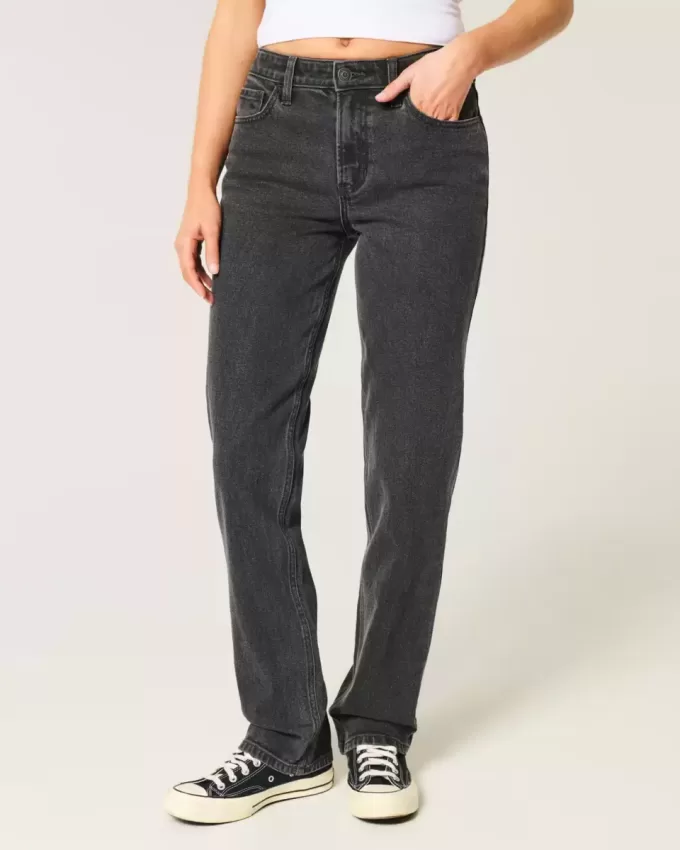 Jeans dritti neri lavati a vita alta
