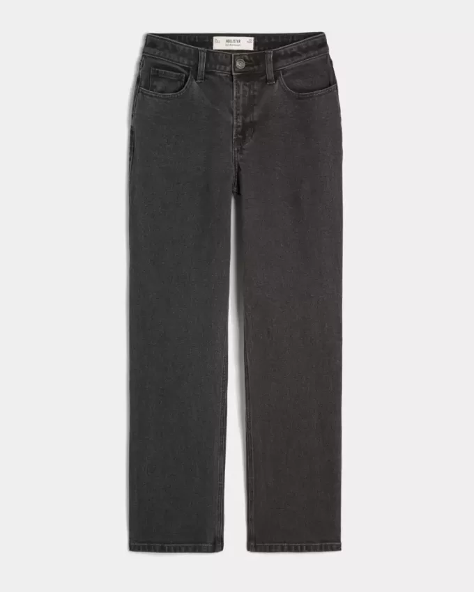 Jeans dritti neri lavati a vita alta