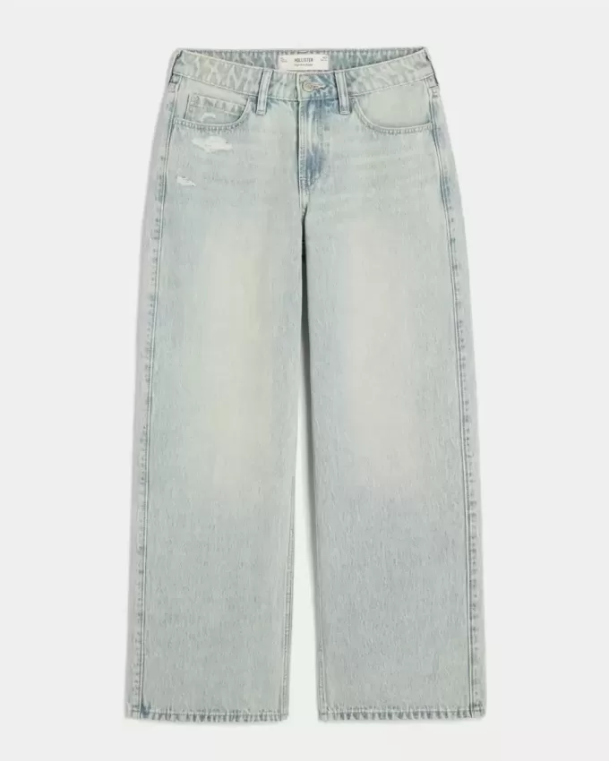 Jeans larghi a vita alta con lavaggio chiaro effetto consumato