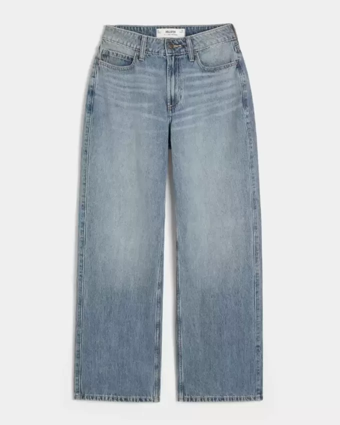 Jeans larghi a vita alta e lavaggio medio con effetto curvy