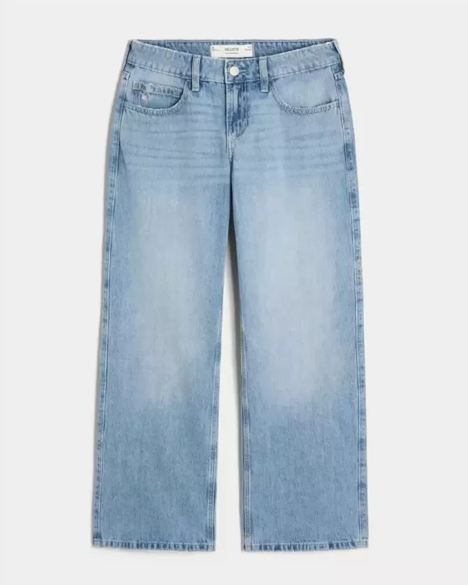 Jeans larghi a vita bassa con ricamo floreale e lavaggio medio