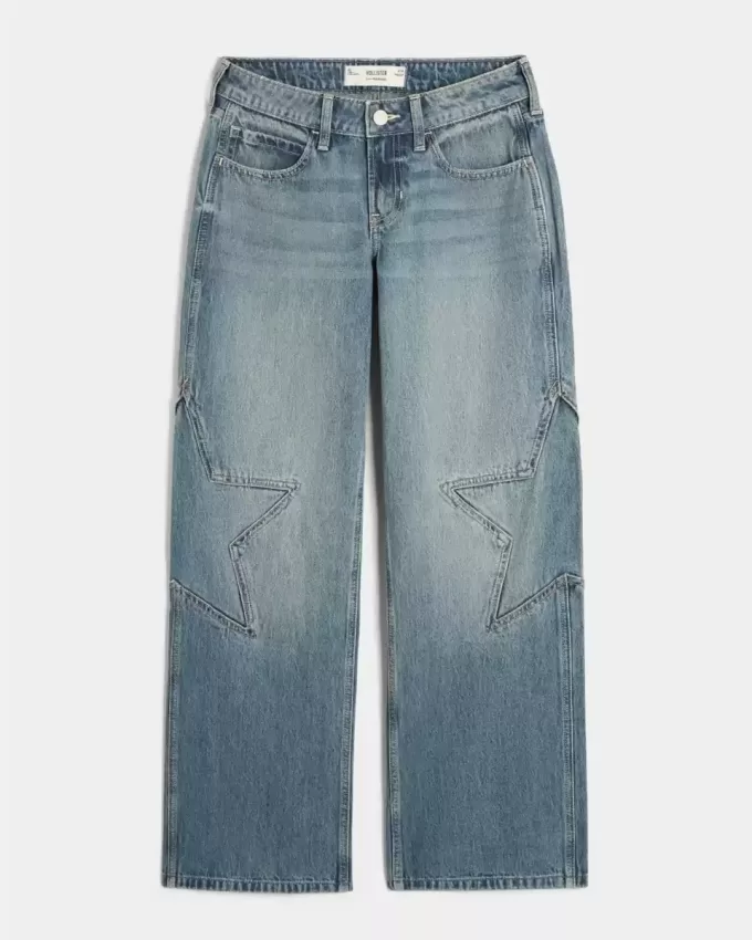 Jeans larghi a vita bassa con stampa a stelle e lavaggio medio