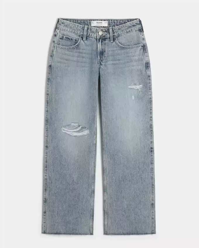 Jeans larghi a vita bassa con strappi e lavaggio chiaro
