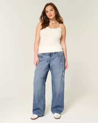 Jeans larghi a vita bassa e lavaggio scuro, modello Class of ’26, ricamati