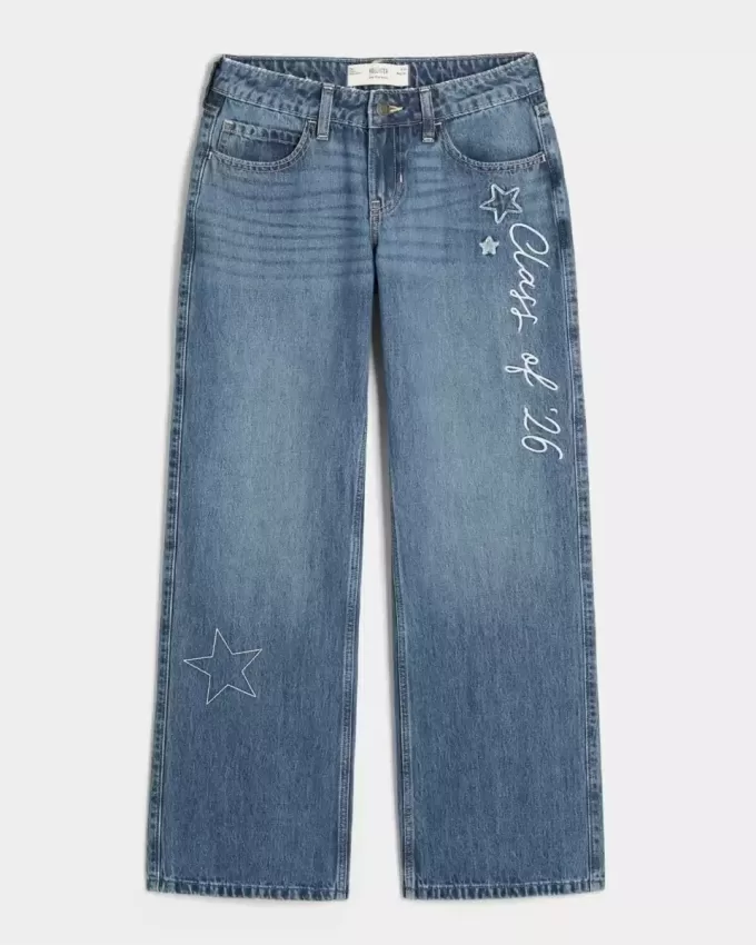 Jeans larghi a vita bassa e lavaggio scuro, modello Class of ’26, ricamati