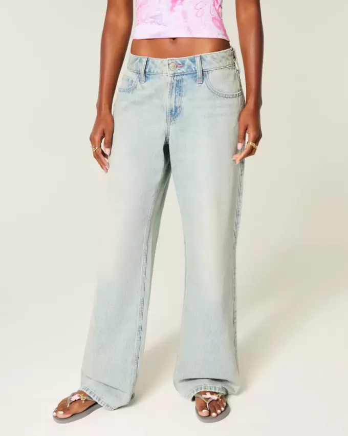 Jeans larghi a vita bassa e regolabile, lavaggio chiaro