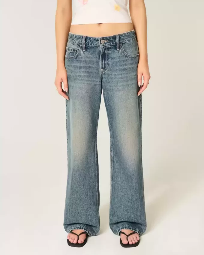 Jeans larghi a vita bassa e regolabile, lavaggio medio