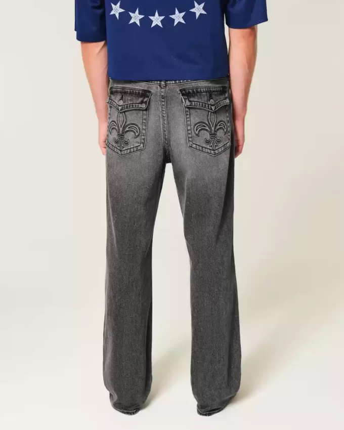 Jeans larghi bootcut ricamati neri lavati