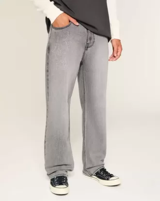 Jeans larghi con grafica decorata, neri lavati