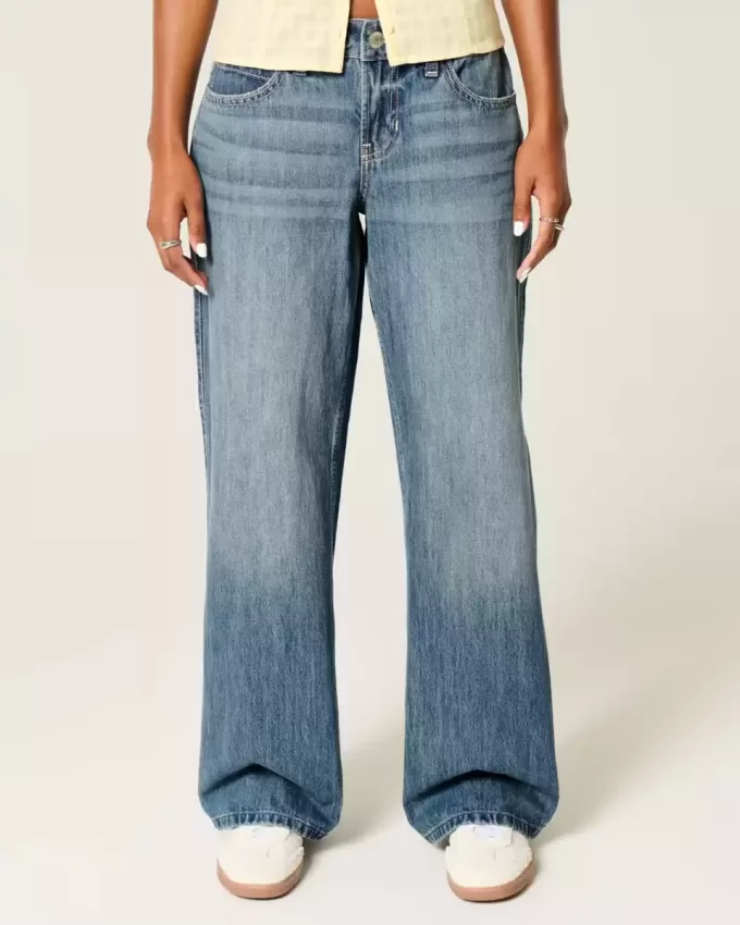 Jeans larghi con grafica Los Angeles a lavaggio medio e vita bassa