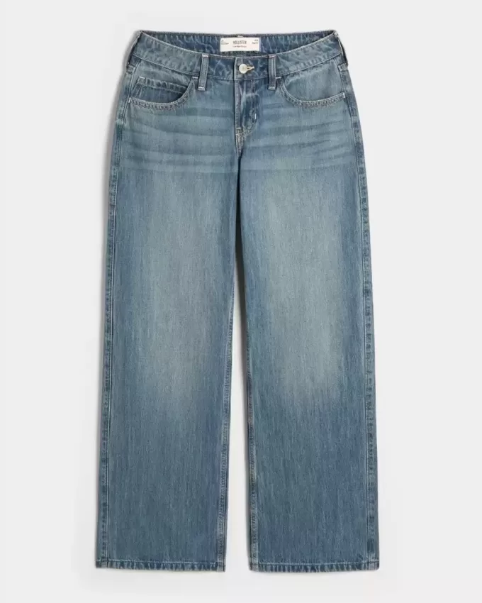 Jeans larghi con grafica Los Angeles a lavaggio medio e vita bassa