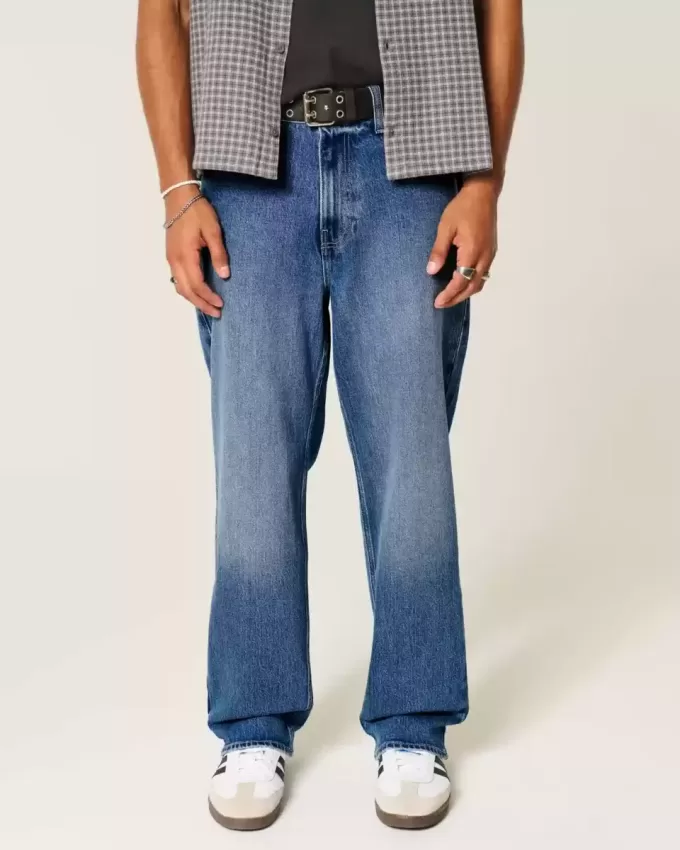 Jeans larghi con grafica rosa lavaggio scuro