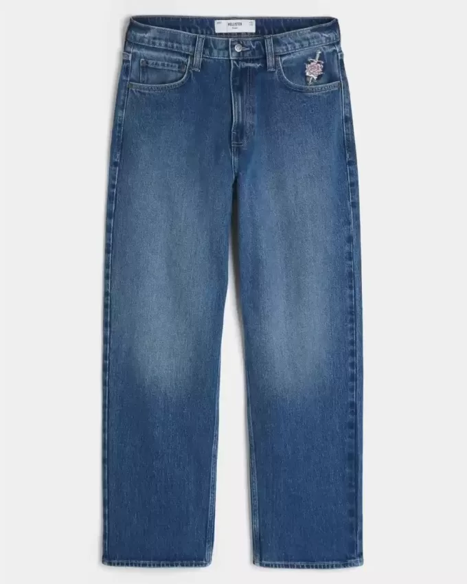Jeans larghi con grafica rosa lavaggio scuro