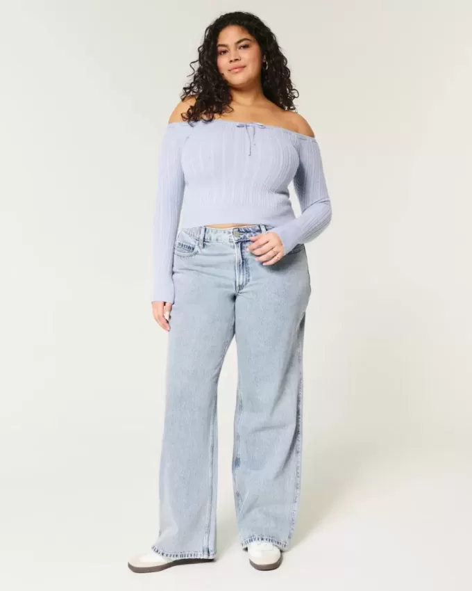 Jeans larghi con lavaggio medio e vita media Curvy