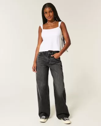 Jeans larghi neri lavati a vita alta