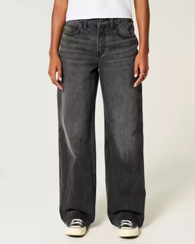 Jeans larghi neri lavati a vita alta