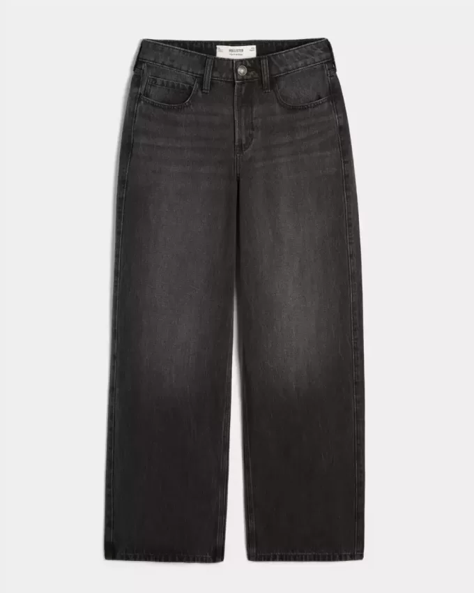Jeans larghi neri lavati a vita alta