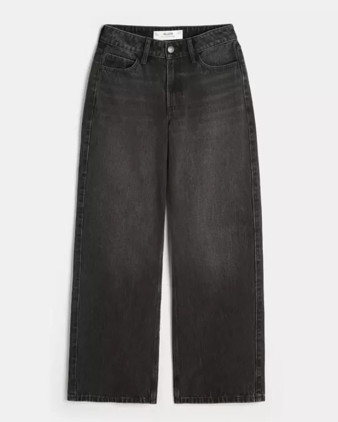Jeans larghi neri lavati a vita alta e curvy