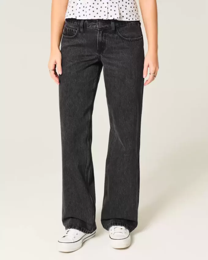 Jeans larghi neri lavati a vita bassa