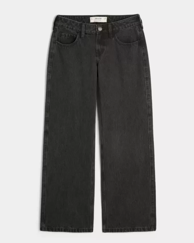 Jeans larghi neri lavati a vita bassa