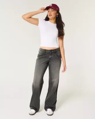 Jeans larghi neri lavati a vita bassa e curvy