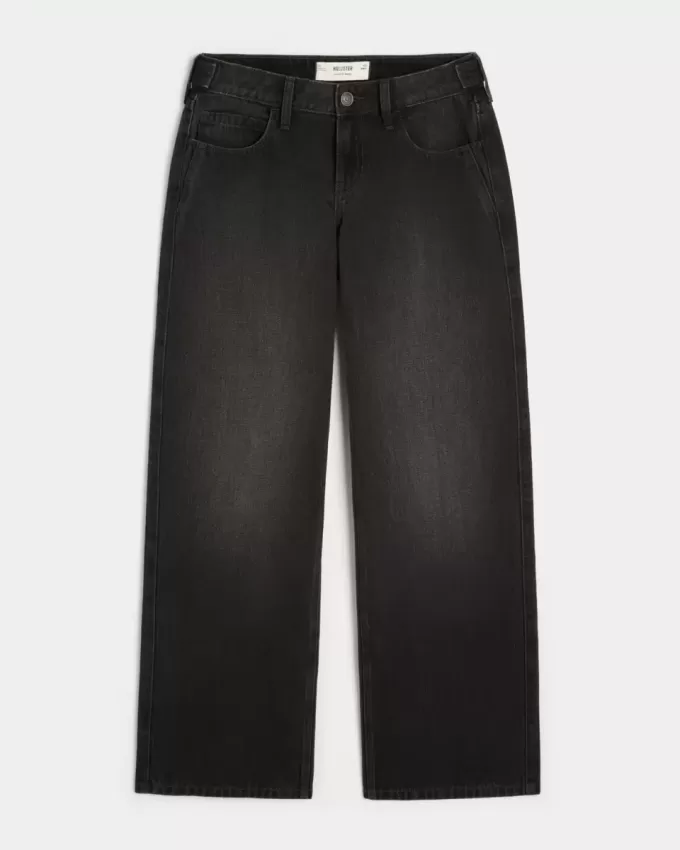 Jeans larghi neri lavati a vita bassa e regolabile