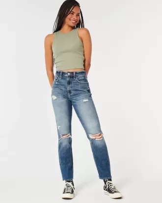 Jeans Mom a vita alta con strappi e lavaggio medio