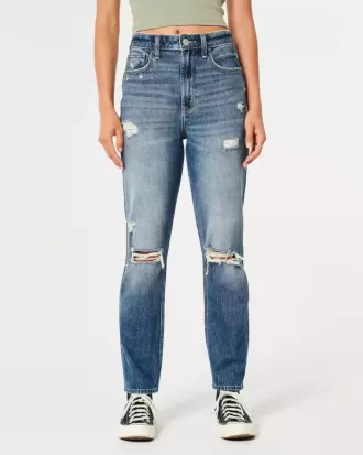 Jeans Mom a vita alta con strappi e lavaggio medio