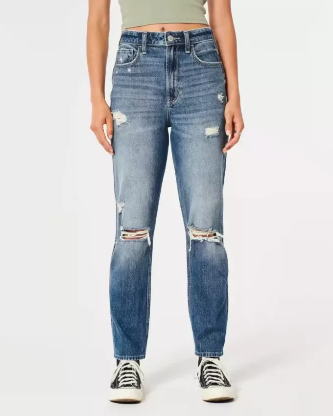 Jeans Mom a vita alta con strappi e lavaggio medio