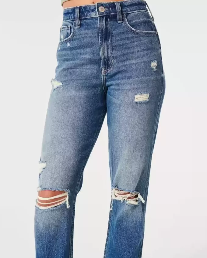 Jeans Mom a vita alta con strappi e lavaggio medio
