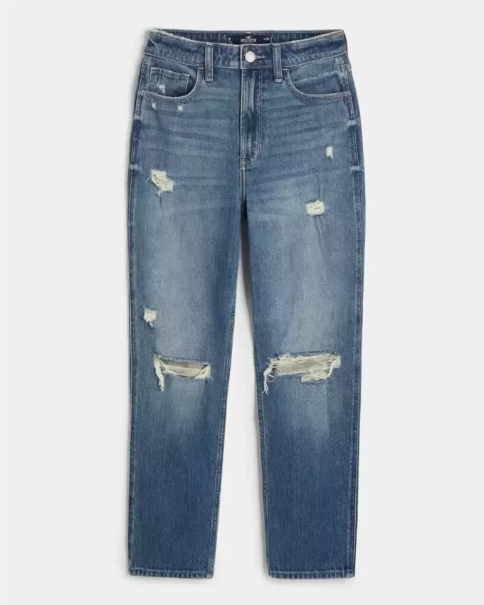 Jeans Mom a vita alta con strappi e lavaggio medio