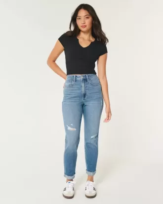 Jeans Mom Curvy a vita altissima con strappi e lavaggio medio