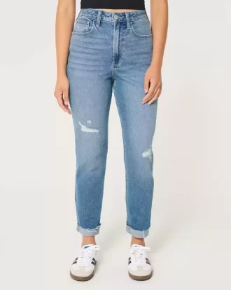Jeans Mom Curvy a vita altissima con strappi e lavaggio medio