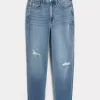 Jeans Mom Curvy a vita altissima con strappi e lavaggio medio