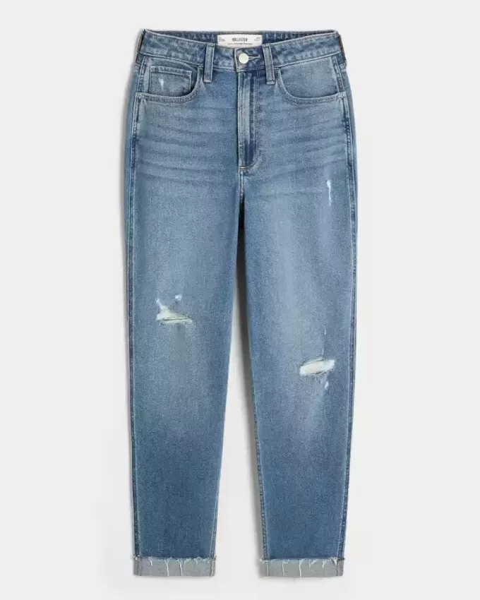 Jeans Mom Curvy a vita altissima con strappi e lavaggio medio