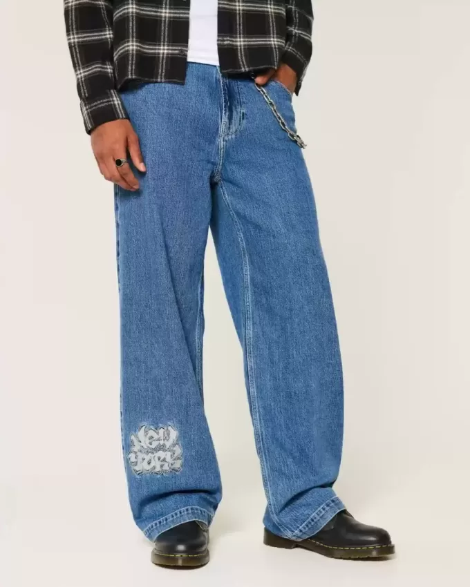 Jeans super larghi con grafica NYC e lavaggio medio