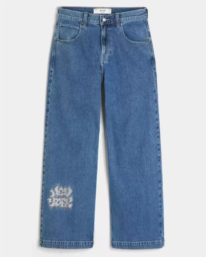 Jeans super larghi con grafica NYC e lavaggio medio