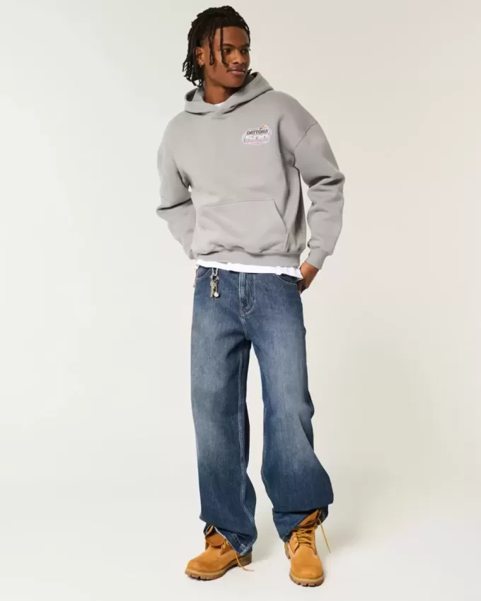 Jeans super larghi con ricamo del logo in lavaggio scuro