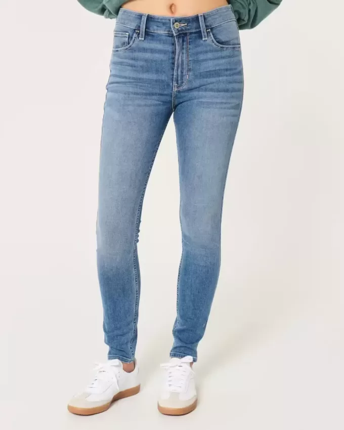 Jeans super skinny a vita alta con lavaggio medio