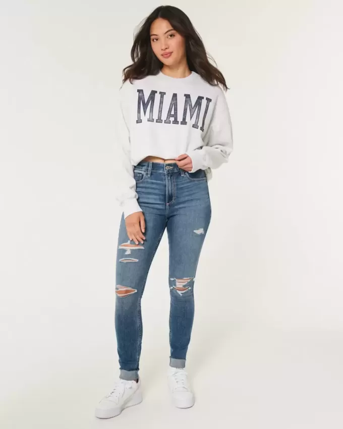 Jeans super skinny a vita alta con strappi e lavaggio medio