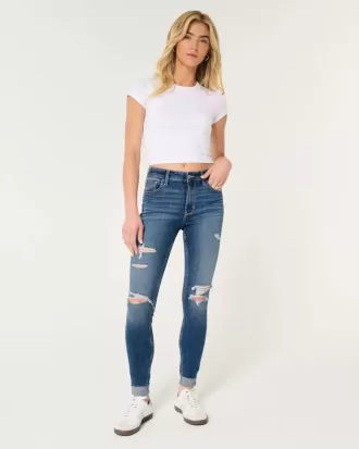 Jeans super skinny a vita alta con strappi e lavaggio medio