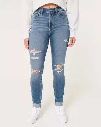 Jeans super skinny a vita alta con strappi e lavaggio medio