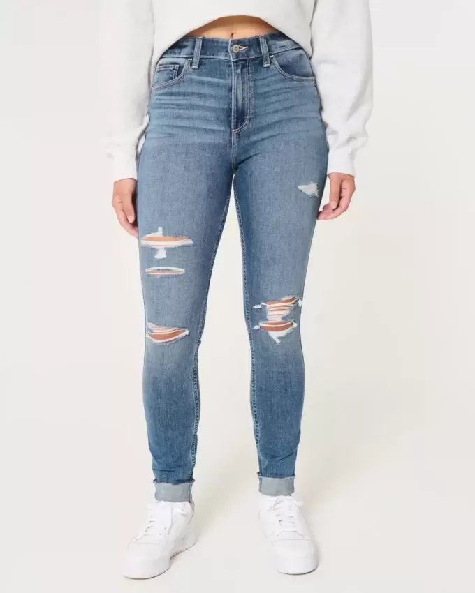 Jeans super skinny a vita alta con strappi e lavaggio medio